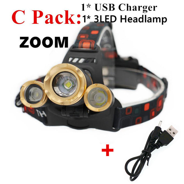 15000Lm XM-T6x3 LED Headlight ZOOM Flashlight Torch Camping Fishing Headlamp lantern Use 2*18650 battery / AC/Car/Usb/ charging