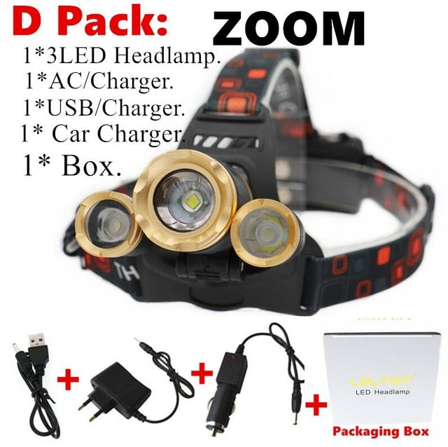 15000Lm XM-T6x3 LED Headlight ZOOM Flashlight Torch Camping Fishing Headlamp lantern Use 2*18650 battery / AC/Car/Usb/ charging