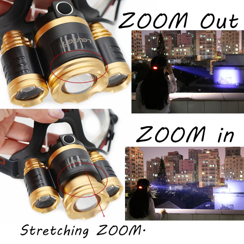 15000Lm XM-T6x3 LED Headlight ZOOM Flashlight Torch Camping Fishing Headlamp lantern Use 2*18650 battery / AC/Car/Usb/ charging